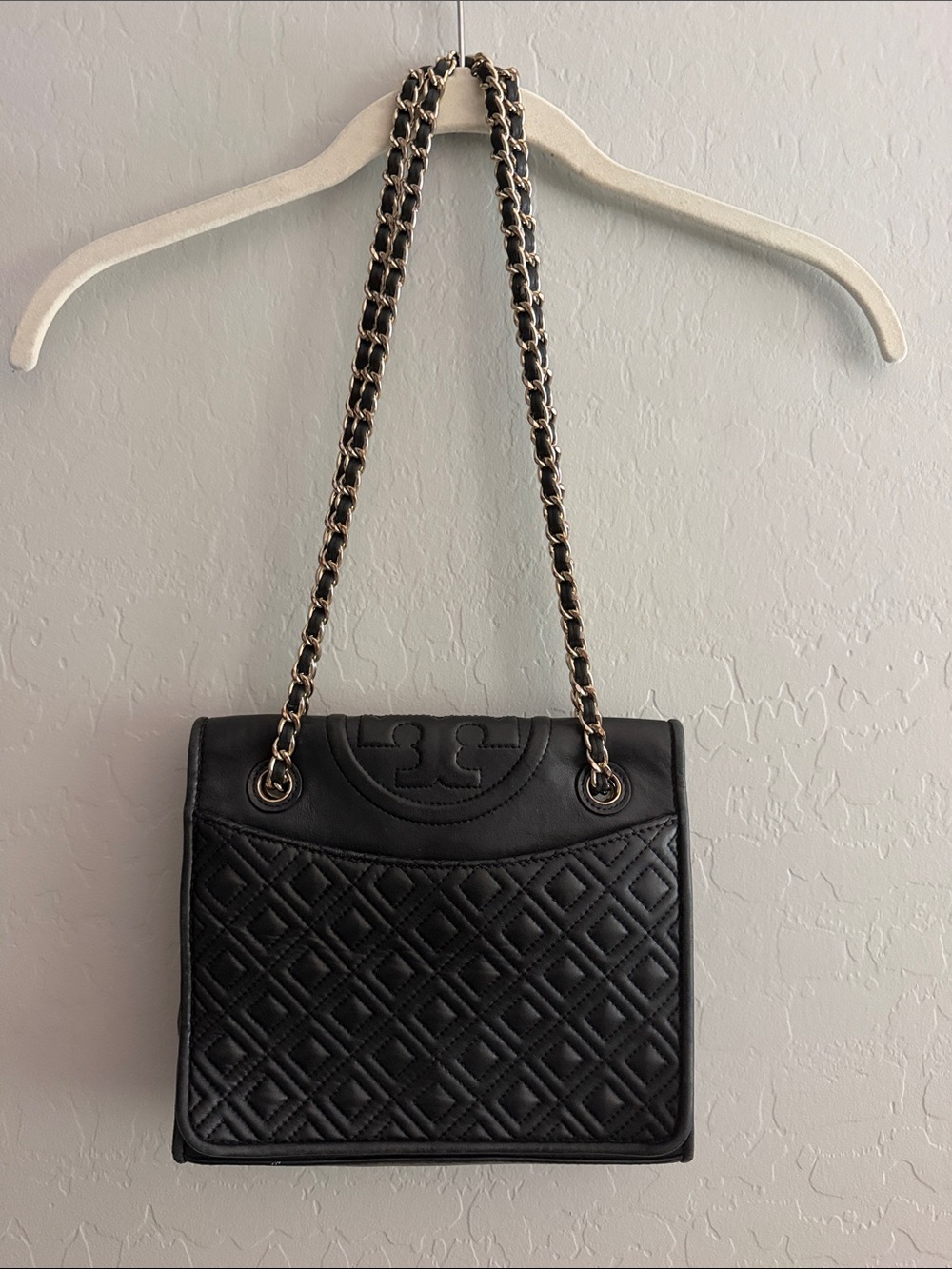 Tory Burch Black Quilted Leather Shoulder Bag with Gold Chain